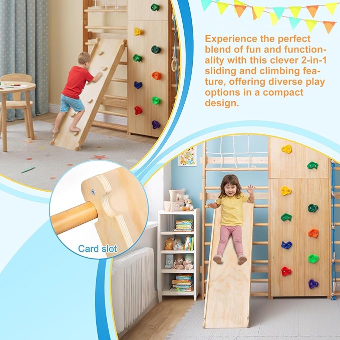 ZMAD Swedish Ladder Wall Gym & Climber – Featuring a Rock Climbing Wall, Wooden Swings, Gymnastic Rings, Rope Ladders, and Stretching Equipment for Indoor Playground， Spring 2026 (10-in-1)