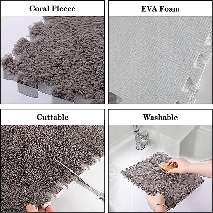 12pcs Plush Puzzle Foam Floor Mat, Cute Soft Fluffy Interlocking Square Foam Tiles Area Rugs Carpet for Parlor Bedroom Decoration(11.8x11.8x0.4in, Grey&White&Light Brown)