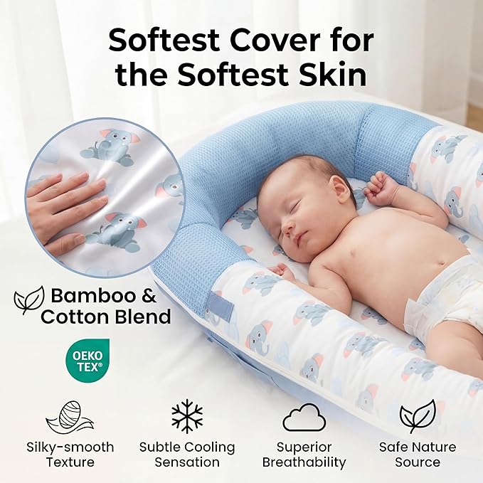 JollyBoo® Deluxe Infant Lounger Pillow - Baby Lounger 0-24 Months | Bamboo-Cotton Portable Baby Nest with Foldable Sunshade & 2 Plush Toys | Soft, Breathable Mesh for Cool, Safe Rest (Blue Elephant)
