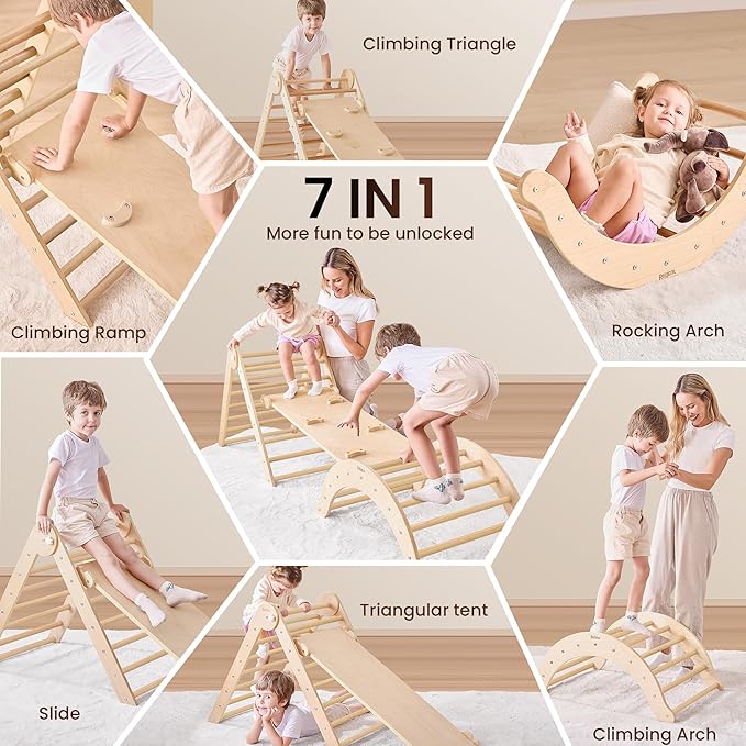 Belleur 7-in-1 Climbing Toys for Toddlers 1-3 Years Old, Foldable Wooden Pikler Triangle Set Indoor, Montessori Climbing Set with Arch, Ramp & Ladder - Natural