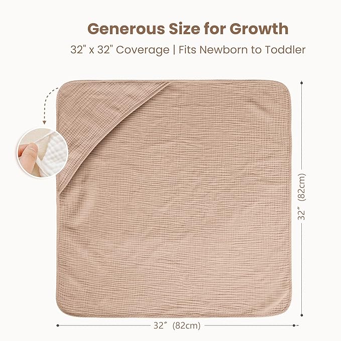 Konssy 2-Pack Muslin Hooded Baby Towels, 100% Cotton, Ultra-Soft & Absorbent Baby Bath Towels with Hood for Newborn & Infant (Cream, Camel,32" x 32")