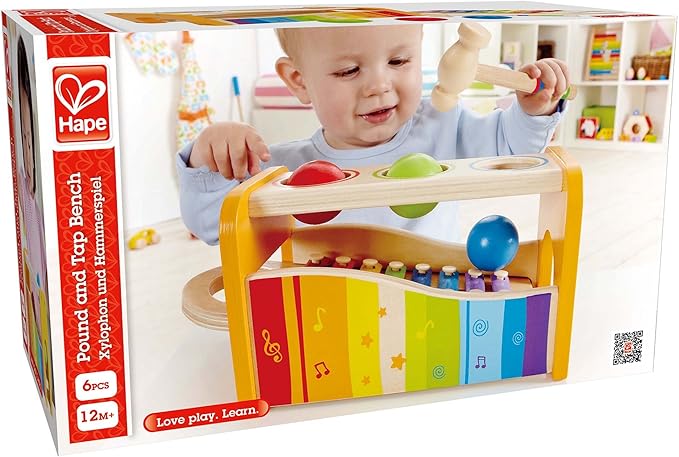 Hape Country Critters Wooden Activity Play Cube Pound & Tap Bench with Slide Out Xylophone - Award Winning Durable Wooden Musical Pounding Toy Multifunctional and Bright Colours, Yellow