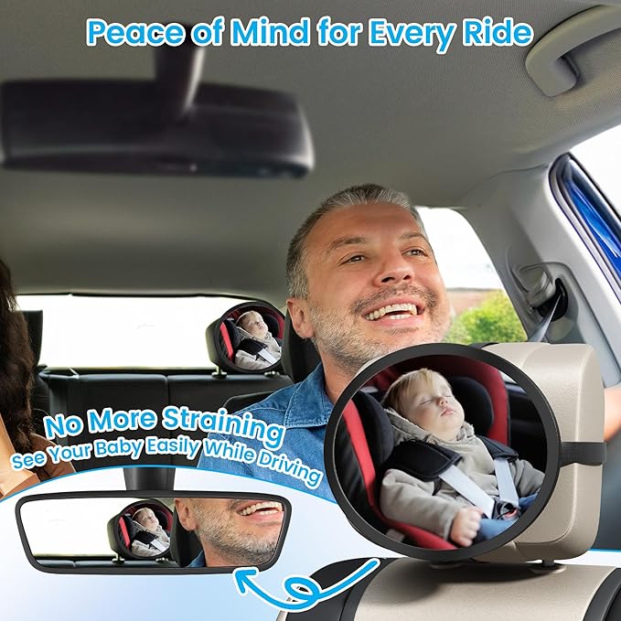 Baby Car Mirror for Rear Facing Carseat– 360° Adjustable, Shatterproof, Wide Angle View, Easy Installation, Fits Car, SUV & Truck, Lightweight Safe Design