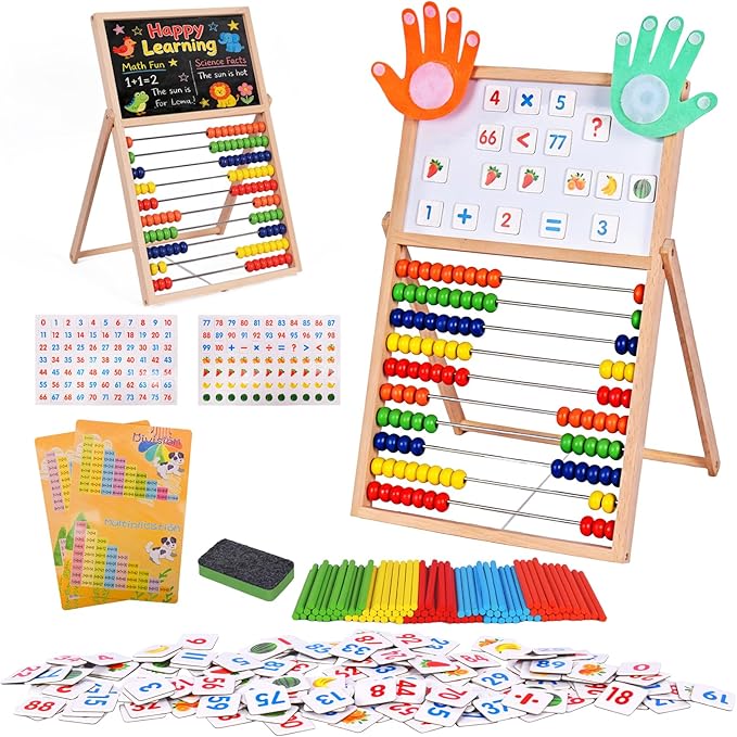 Wooden Abacus for Kids Math - Double-Sided Black/Whiteboard for Toddlers with 152 Magnetic Number & Fruit Cards, 100 Counting Sticks and Number Blocks Finger Counting Toys Homeschool Essentials