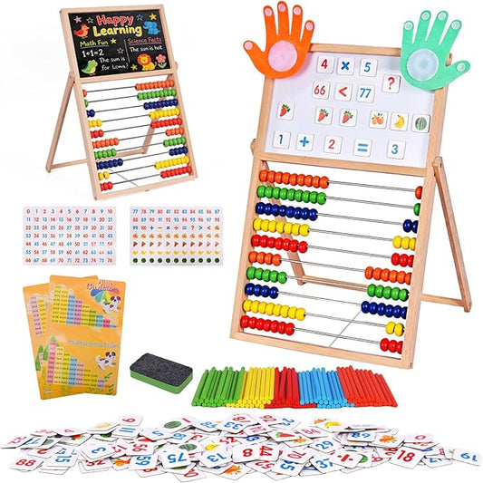 Wooden Abacus for Kids Math - Double-Sided Black/Whiteboard for Toddlers with 152 Magnetic Number & Fruit Cards, 100 Counting Sticks and Number Blocks Finger Counting Toys Homeschool Essentials