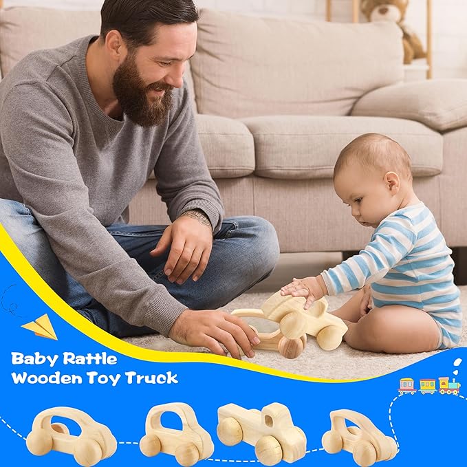 4 Pieces Wooden Toy Cars Mini Push Wood Truck Car Natural Wood Toys for Baby Toddler Birthday Party Gifts Nursery Decoration, 4 Styles