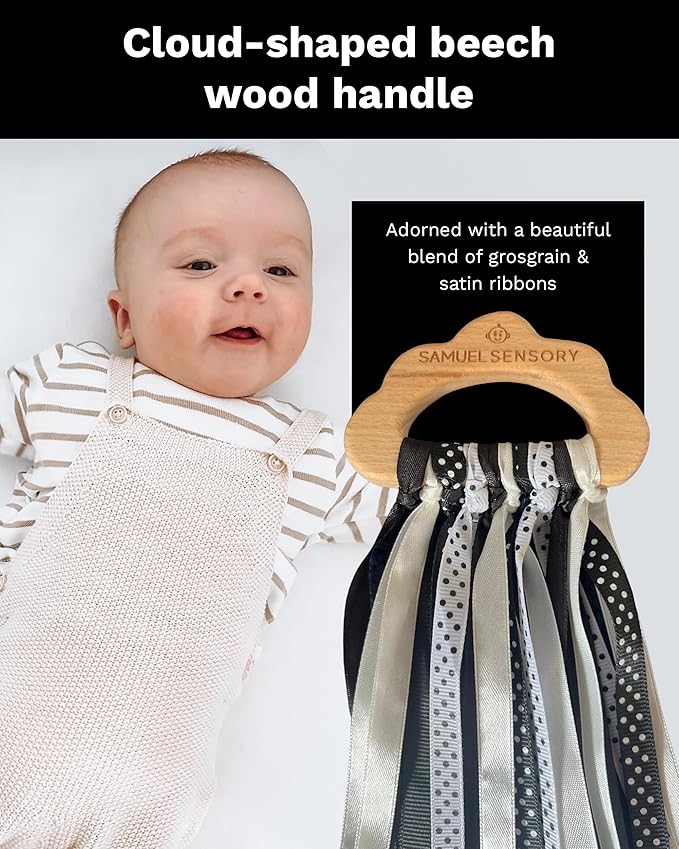 Samuel Sensory Toys Cloud Ribbon - Black and White Baby Toys 0-3 Months Made with Beech Wood & Soft Grosgrain and Satin Ribbon - Developmental High Contrast Baby Toys & Tummy Time Toys