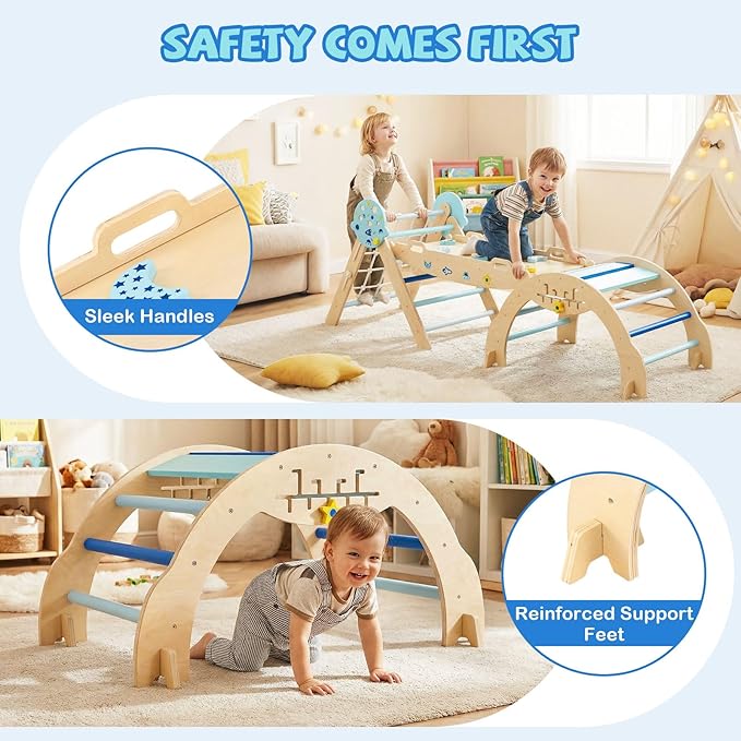 Olakids Pikler Triangle Set, 13 in 1 Astronaut Theme Foldable Wooden Montessori Toddler Climbing Toys Indoor with Cushion Ramp Arch Ladder Net