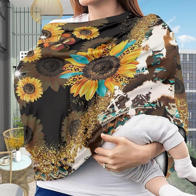 Wanyint Sunflower Cow Print Car Seat Covers Canopy Covers for Babies,Added Privacy for Breastfeeding,Baby Car Seat,Breathable Nursing Cover for Carrier Stroller