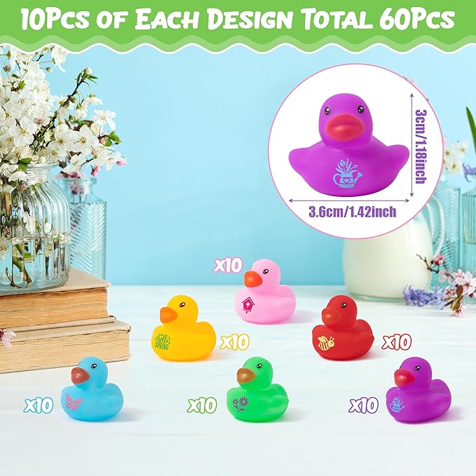 Haooryx Spring Mini Rubber Duck - 60Pcs Spring Holiday Colorful Novelty Duck Squeak Bathtub Float Bath Toy for Kids Classroom Reward Birthday Gift Easter Decor Basket Stuffer Pool Party Favor Supplies