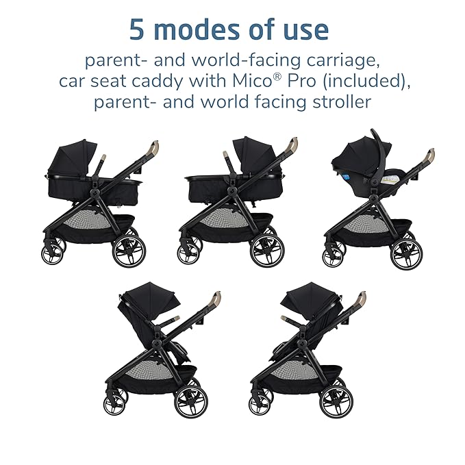 Maxi-Cosi Zelia Pro 5-in-1 Travel System with Mico Pro Infant Car Seat, Baby Stroller Combo, Reversible Seat, Large Wheels, Adjustable Handle, Newborn to Toddler, Lightweight, Caspian Caviar