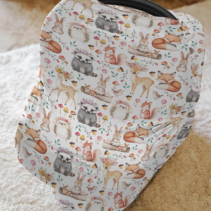 Watercolor Spring Forest Animals Floral Baby Car Seat Covers Deer Hedgehog Squirrel Rabbit Bird Mushroom Stretchy 5-in-1 Cover Adjustable Car Canopy Breastfeeding Covers Breathable Nursing Cover-Up