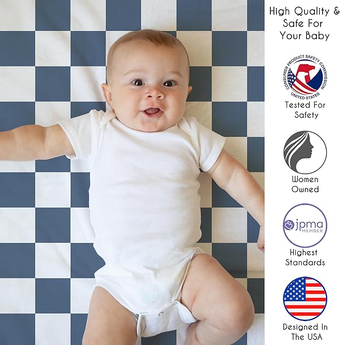Sweet Jojo Designs Baby Play Mat (Blue Gingham Checkered Plaid) for Boys, Infant, Toddler Tummy Time Activity Floor Playmat (Vintage, Classic Checkerboard, Geometric, Minimalist, Retro, Slate & Steel)