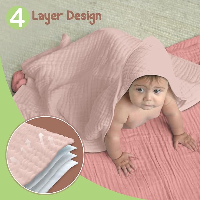 100% Organic Cotton Muslin Baby Hooded Towels 32x32 Inch – 2 Pack Soft & Absorbent Baby Towels for Newborn for Boys & Girls, Premium Hooded Towels, Ultra-Gentle Baby Essentials in Rose/Peach