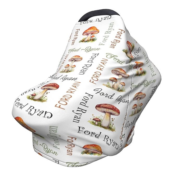 Personalized Car Seat Covers with Name, Mushroom Baby Canopy Carrier Cover, Breathable Breastfeeding Nursing Cover, Stretchy Multi-Use Infant Carseat Stroller Cover