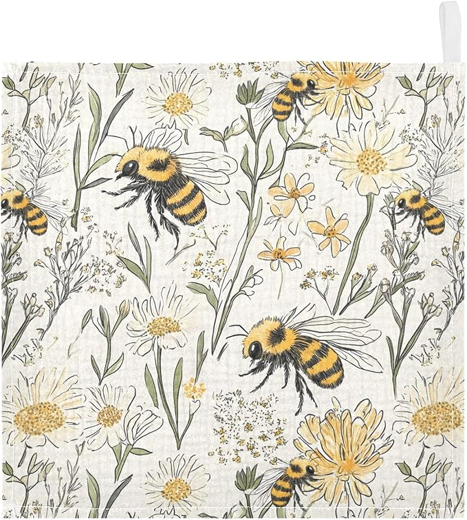 Bolaz Washcloths Set Bathroom Kitchen Wash Cloths Face Towels Wipes Vintage Bee Decorative 12x12 Inch 5 Pack