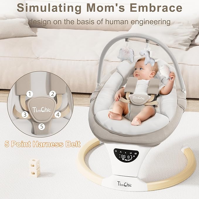 Baby Swings for Infants, Portable Infant Swing with 5-Speeds, 3-Adjustable Height, 3 Timer & 12 Lullabies, Mutil-Function Electric Swing for Baby, Indoor & Outdoor Use (Beige)