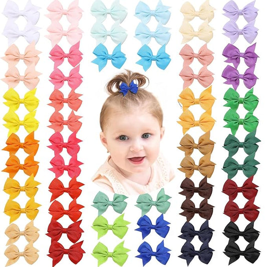 2.2 inch Hair Bows for Baby Girls,60PCS Grosgrain Boutique Solid Ribbon Mini Bows Alligator Clips for Baby Girls Newborns Toddler in Pairs