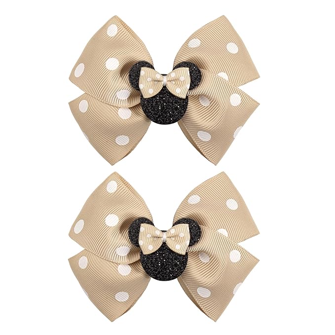 4 Inch Cute Mouse Ears Sequins Bows Hair Clips For Baby Girls, Toddler, Kids and Young Women Birthday Party Wedding Christmas Occasions Set of 2 (A- Khaki)