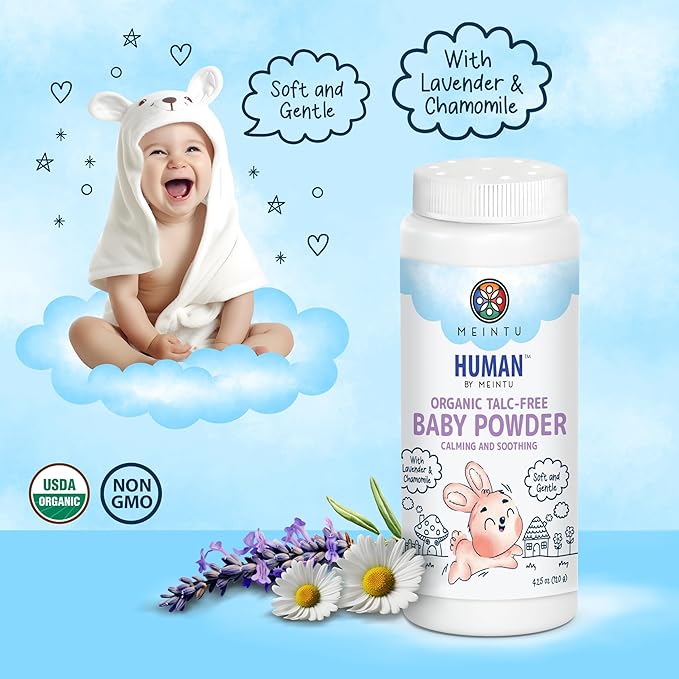 MEINTU Organic Baby Powder Talc Free- Calming and Soothing Cornstarch Baby Powder with Lavender and Chamomile- Skin Nourishing Powder for Newborn- Non GMO Lavender Scent- 4.25 Oz