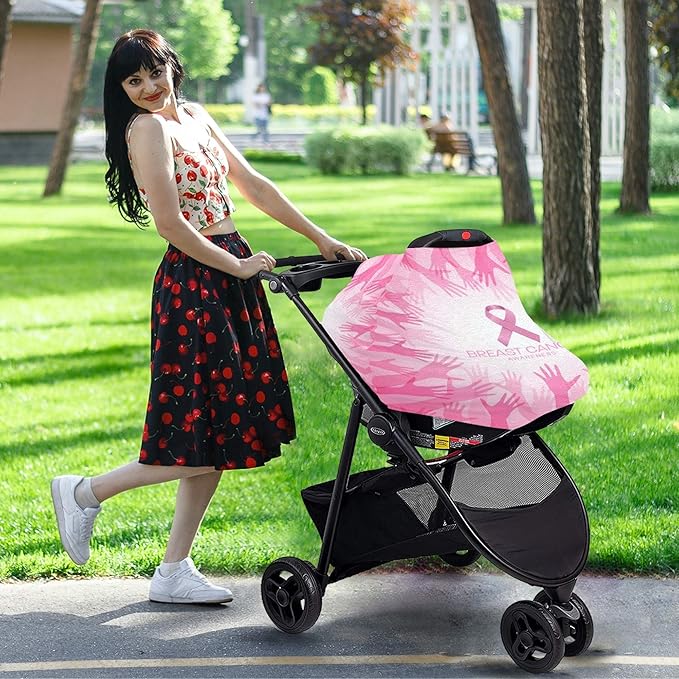 Breast Cancer Awareness with Pink Ribbon in Circle Hands Design Stretchy Baby Car Seat Cover Infant Canopy Nursing Covers Breastfeeding Cover Breathable Windproof Winter Scarf for Boys Girls