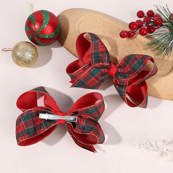 Oaoleer 2PCS Christmas Hair Bows for Girls, Red Plaid Bows Hair Alligator Clips Hair Barrettes for Baby Girls Infants Toddlers Kids Teens Children