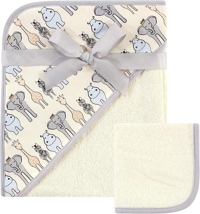 Hudson Baby Unisex Baby Cotton Hooded Towel and Washcloth, Royal Safari, One Size