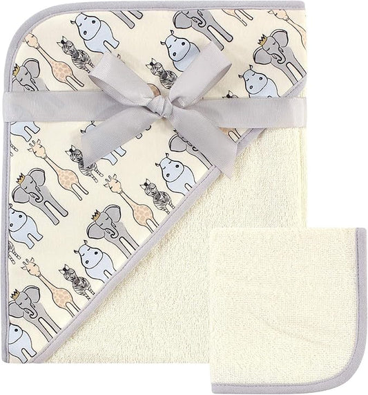 Hudson Baby Unisex Baby Cotton Hooded Towel and Washcloth, Royal Safari, One Size