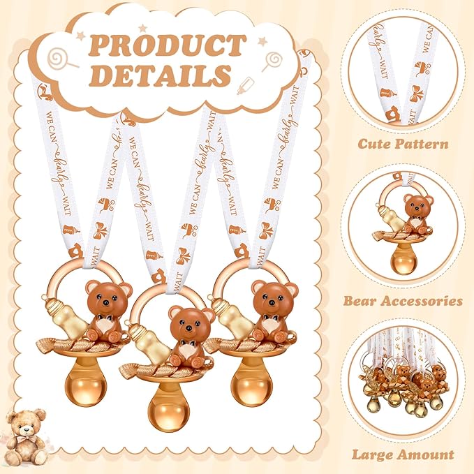 Coume 60 Pcs Shower Party Pacifiers Necklace Bear Bottle Acrylic Pacifiers Charm Pacifier Chain for Guests Gender Reveal Party Favors Prize Table Scatter (White,Brown,Elegant)