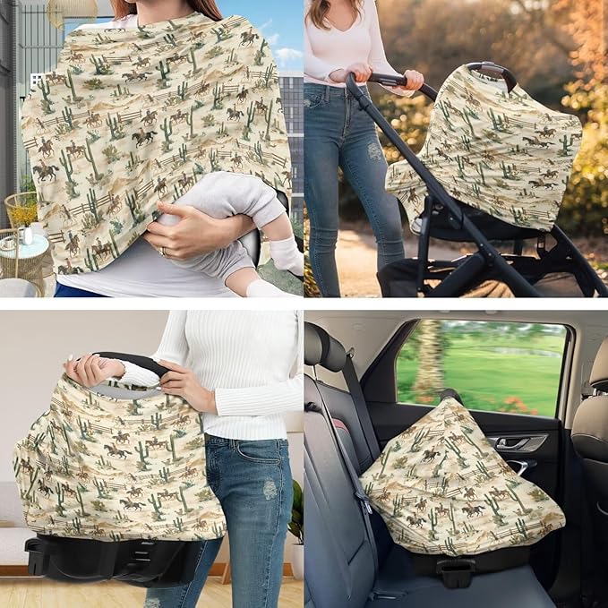 Cactus Cowboy Baby Car Seat Cover with Nursing Pillowcase Set of 2, Elastic Nursing Cover for Breastfeeding, Carseat Canopy Pillow Slipcovers for Baby Girls Boys