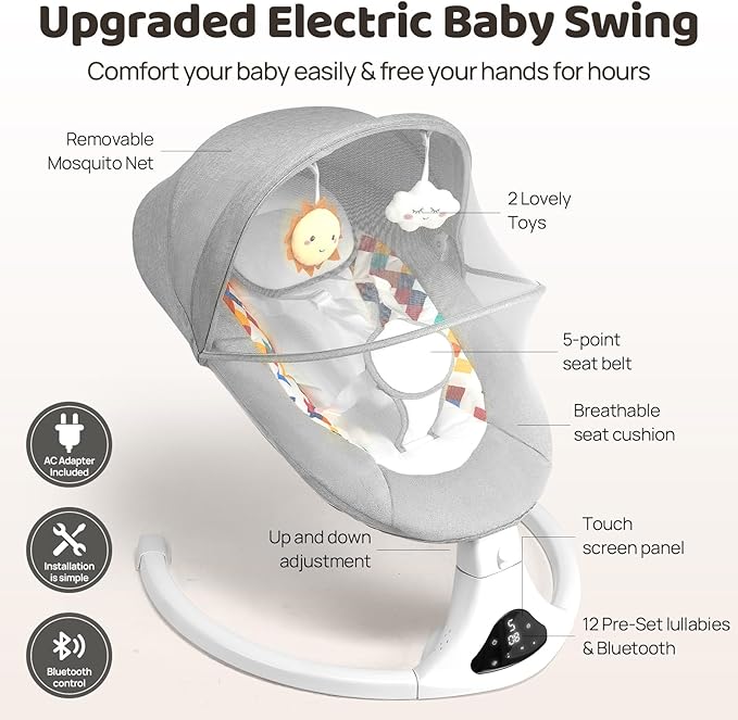 Baby Swing for Infants, Bluetooth Infant Swing with Remote Control, Portable Baby Swings with 5 Speeds, 5 Point Harness Belt, Modern Design for Newborn (Max 20 lbs Gray)