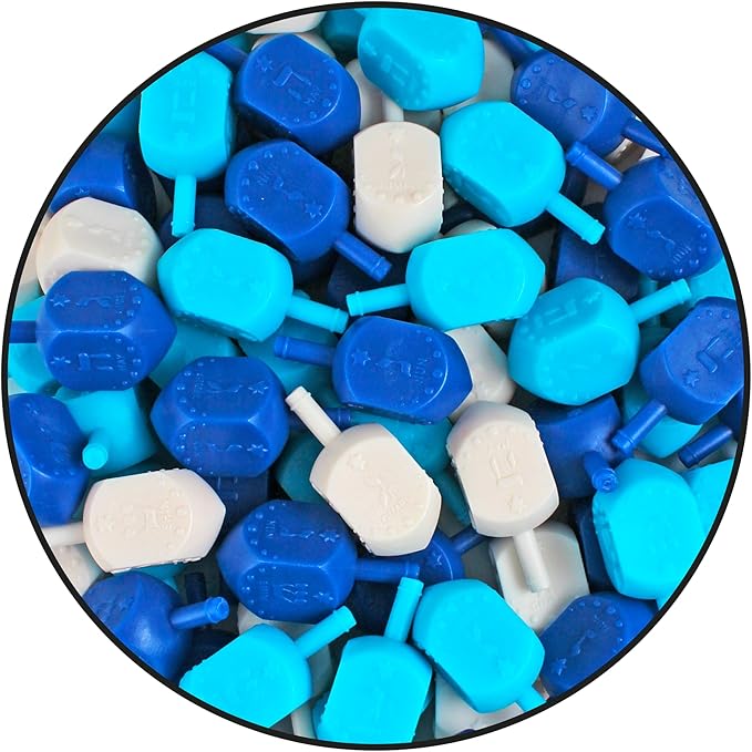 Zion Judaica Hanukkah Dreidels Multi Blue, White Medium Size Dridels Bulk Plastic Drydlech Hebrew Letters and English Transliteration Includes Traditional Chanukah Game Guide Ziplock Bag Hanuka Fun