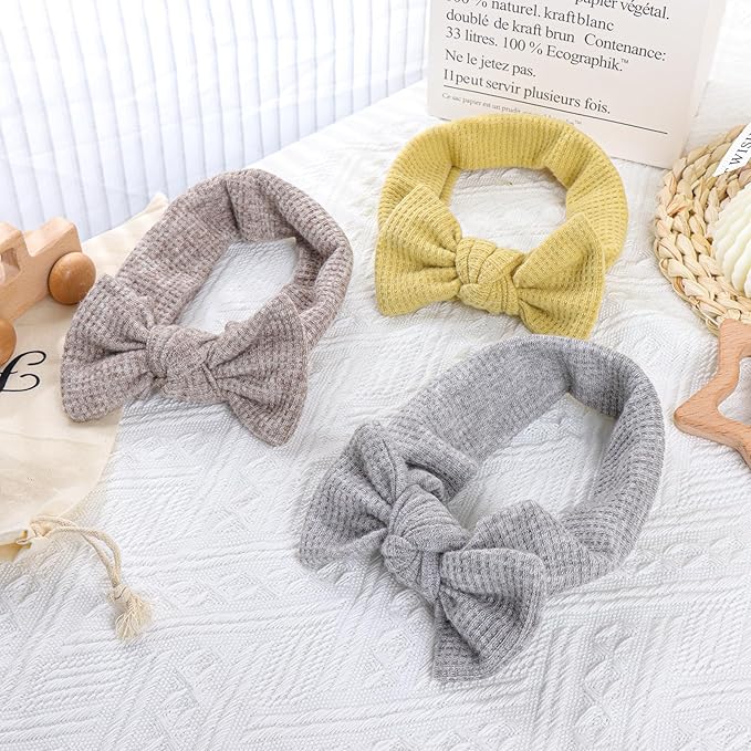Baby Girls Waffle Headbands with Bows Elastics Handmade Hair Accessories Newborn Infant Toddler Hairbands and Bows Headwrap Kids 3 Packs Yellow Dark Khaki Gray