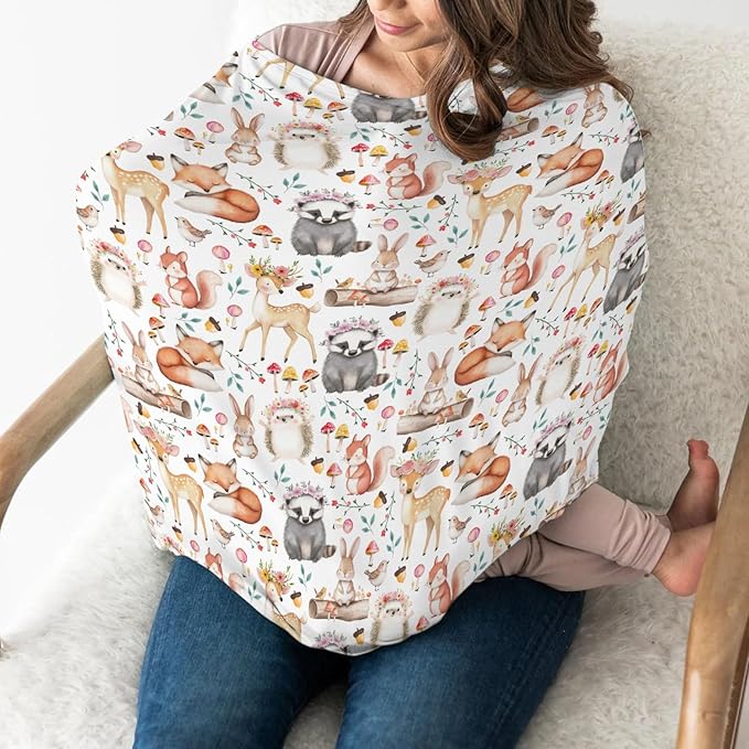 Watercolor Spring Forest Animals Floral Baby Car Seat Covers Deer Hedgehog Squirrel Rabbit Bird Mushroom Stretchy 5-in-1 Cover Adjustable Car Canopy Breastfeeding Covers Breathable Nursing Cover-Up