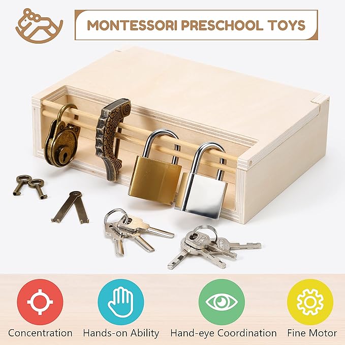 Woodtoe 8 PCS Montessori Lock and Key Toy, Montessori Toys for Toddlers 3 4 5 Year Old, Kids Tool Set, Montessori Materials Preschool Learning Toy, Fine Motor Skill, Educational Toys for Boy Girl 3-6