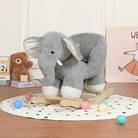 Wooden Rocking Horses Ages 1-3, Rocking Horse with Lullaby Song, Rocker Toy with Safety Belt & Footrests for Kids, Ride on Horse, Plush Rocking Animal for Christmas Birthday Gift (Grey Elephant)