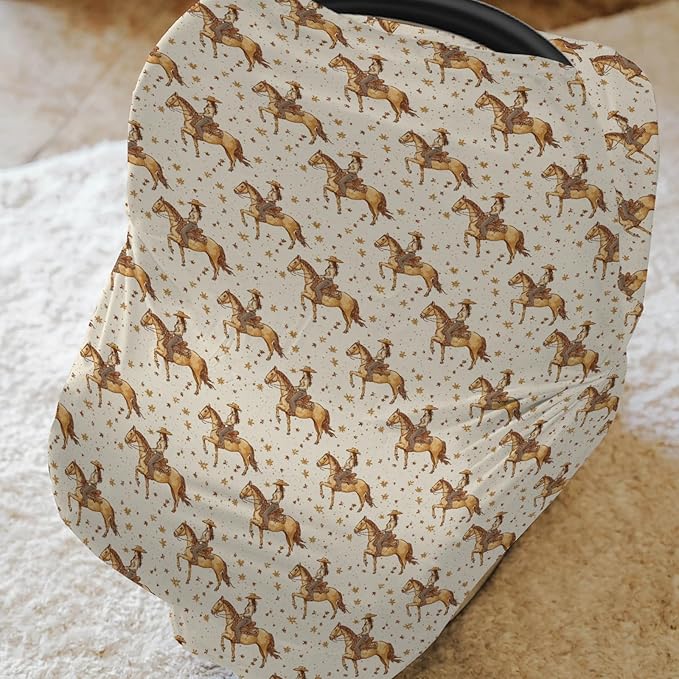 Vintage Western Cowgirl Baby Car Seat Covers Retro Cowgirl Horse Stars Stretchy 5-in-1 Cover Adjustable Infant Carseat Canopy Cover Wild Desert Country Breathable Nursing Cover-Up
