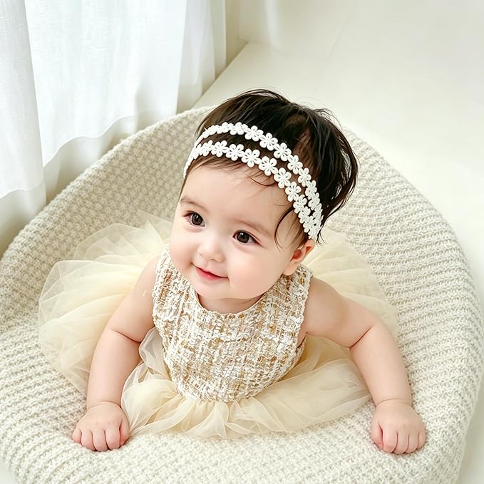 Baby Girls Hairband White Bow Lace Headbands Handmade Soft Stretchy Wide Head Band Newborn Hairbands with Bows Pearls Elastic Headband for Infant Hair Accessories（Flower Pearl）