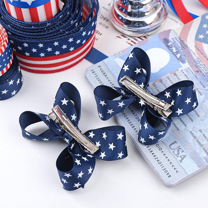 YanJie 2pcs Baby Hair Clips 3‘’ Navy Blue Bow Ribbon American Flag Hair Bows White Stars Clips