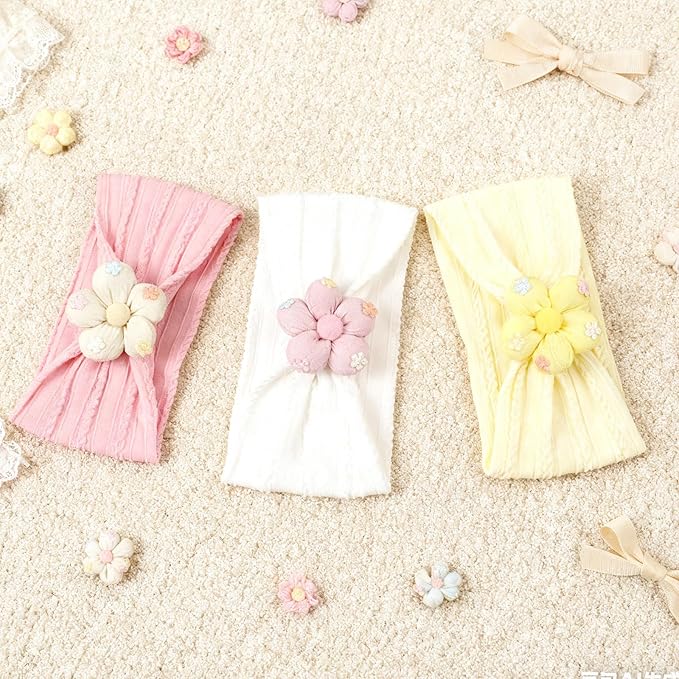 MIUXUESO 3 Piece Baby Girls Flower Headband, Florals Nylon Headband Soft Comfortable Elasticity Hairbands Baby Shower Newborn Essentials for Infant Toddlers (Yellow Pink White)