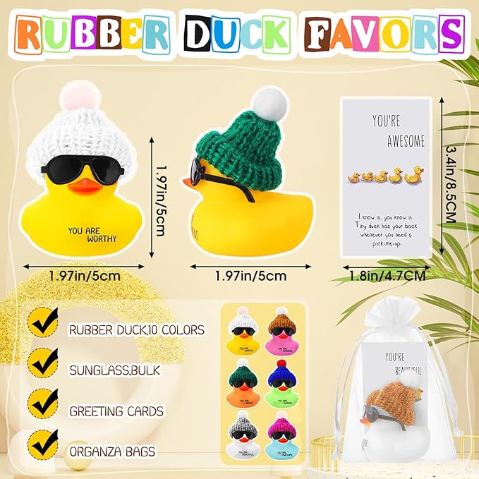 Liliful 2 Inch Rubber Employee Appreciation Gift Ducks Bulk with Hats Glasses You Are Awesome Sign Card for Staff Team Coworker Friends(60 Sets,Colorful)