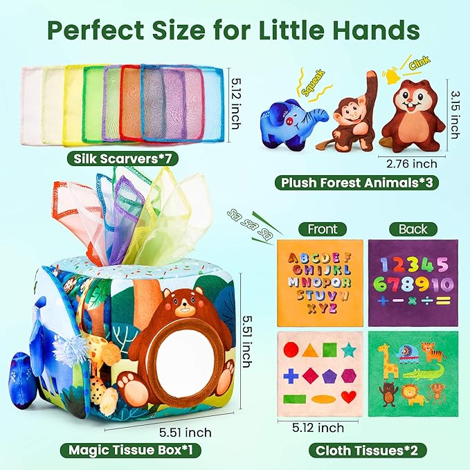 Baby Toys 6-12 Months - Baby Tissue Box Toy for 6 9 12 18 Months Old Montessori Sensory Toys for 1 Year Old Boy Infant Scarf Toy with Crinkle Tissues & Fine Motor Easter Basket Stuffers