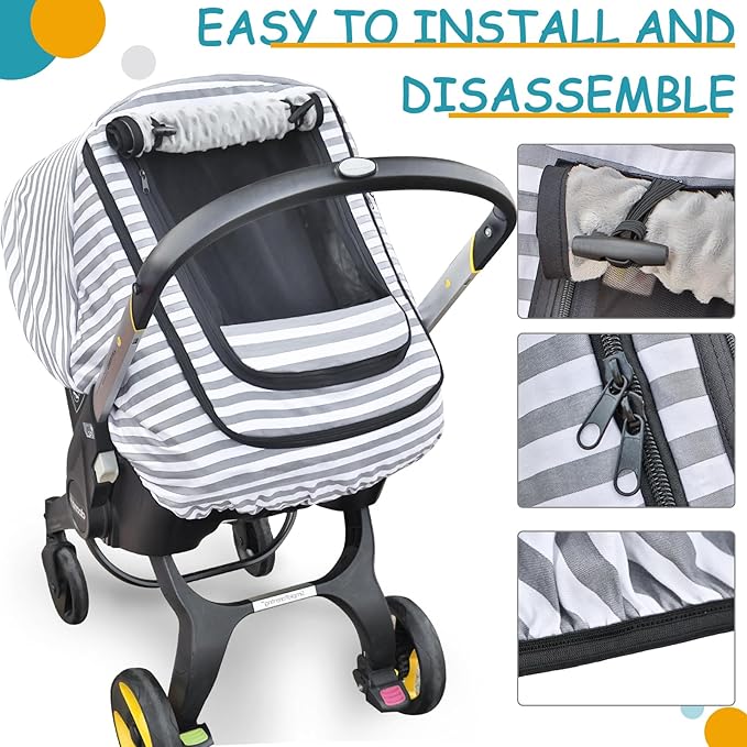 Car Seat Covers for Babies,Baby Car Seat Cover for Boys Girls,Windproof Infant Carseat Cover,Kick-Proof Car Seat Canopy with Breathable Mesh Peep Window,(Grey Stripe)