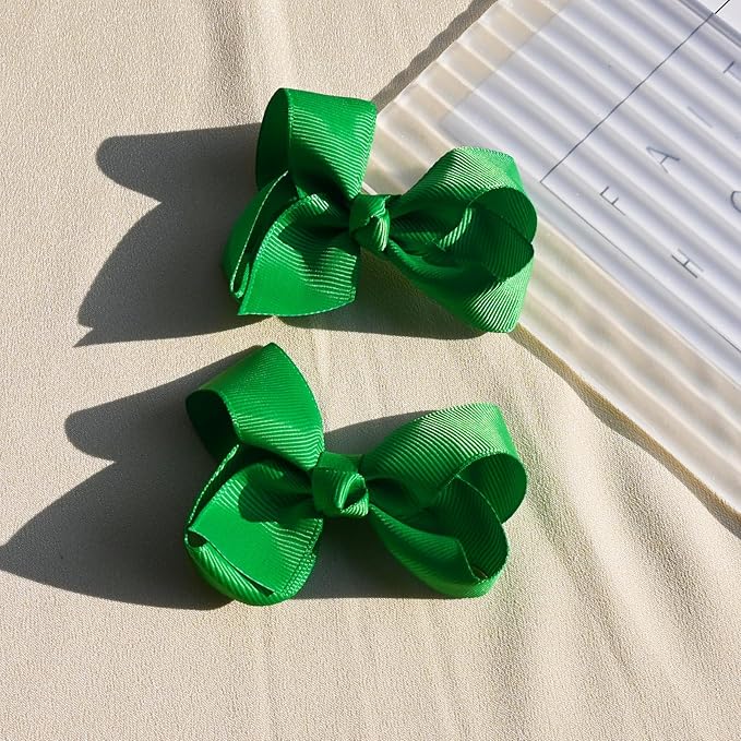 2 PCS 3inchs Hair Bows for Girls Grosgrain Ribbon Hair Bow Alligator Clips Hair Accessories for Baby Girls Toddlers(Green)