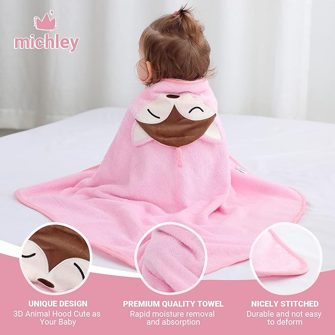 MICHLEY Bamboo Viscose Baby Hooded Bath Towel for Boys and Girls, 29.5 x 29.5 Inch Ultra-Soft and Quick-drying Infant Bath (Pink Fox)