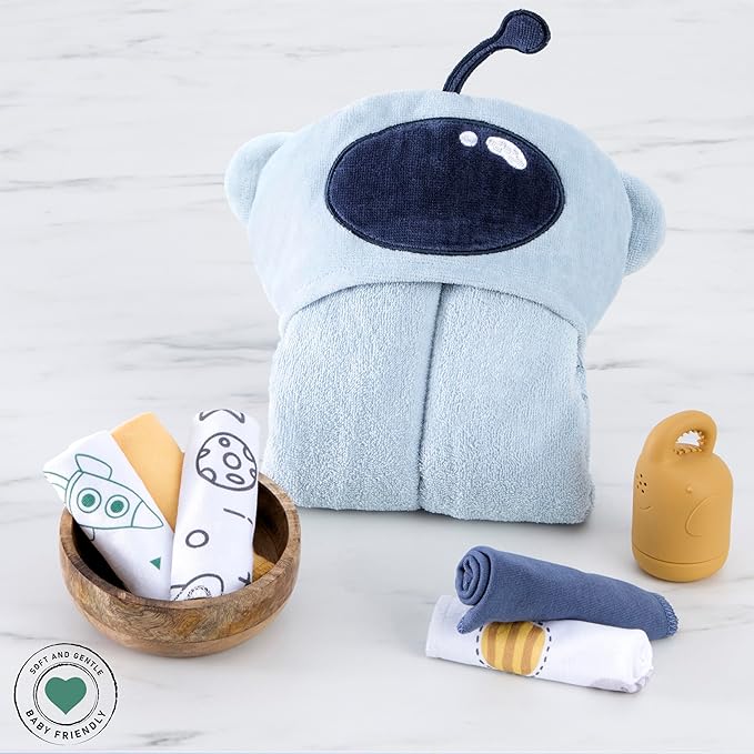 Evolur AstroNap 6 pc Baby Gift Set, Includes Hooded Towel & 5pc Wash Cloths, Soft and 100% Cotton Woven, for Newborn, Infants and Toddlers 0-9 Months