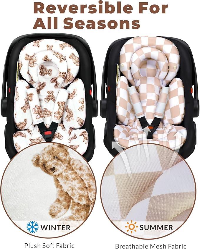 Tinlyfinly Infant Car Seat Insert with Removable Cushion for Preemie to Toddler, Reversible Newborn Carseat Insert for Baby Head Body Support, Fits for Stroller, Baby Swing, Bouncer (Teddy Bear)
