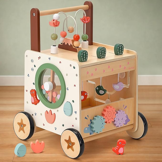 PairPear Wooden Activity Cube Push Walker, 6 in 1 Wooden Baby Walker Montessori Toys for Baby Boys & Girls 12M+, Adjustable Speed Push Cart with Brake Activity Center Toys Learning to Walk