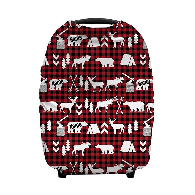 Personalized Red Plaid Baby Car Seat Covers with Name, Custom Deer and Bear Nursing Cover Breastfeeding for Babies, Carseat Canopy for Boys and Girls, Infant Stroller Cover, Breathable Carseats Cover