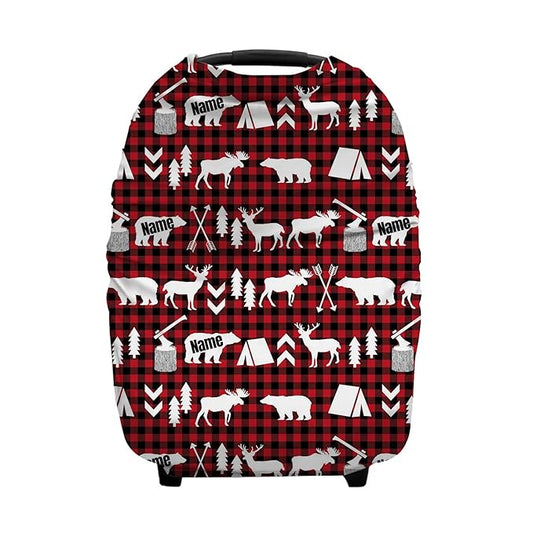 Personalized Red Plaid Baby Car Seat Covers with Name, Custom Deer and Bear Nursing Cover Breastfeeding for Babies, Carseat Canopy for Boys and Girls, Infant Stroller Cover, Breathable Carseats Cover